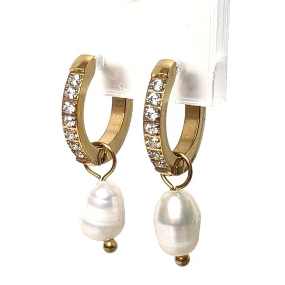Dainty CZ Hoop Earrings Cultured Baroque Pearl Dangle 18K Gold Plated Minimalist